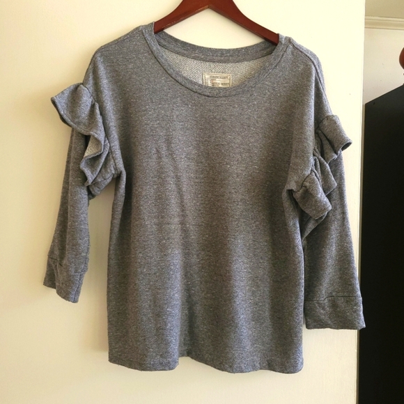 Current/Elliott Gray Ruffled Sweatshirt with 3/4 Sleeves - Picture 1 of 6